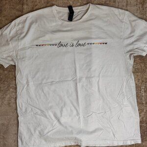 White Cotton T-shirt w/ Love is Love & Rainbow Colored Hearts, XL